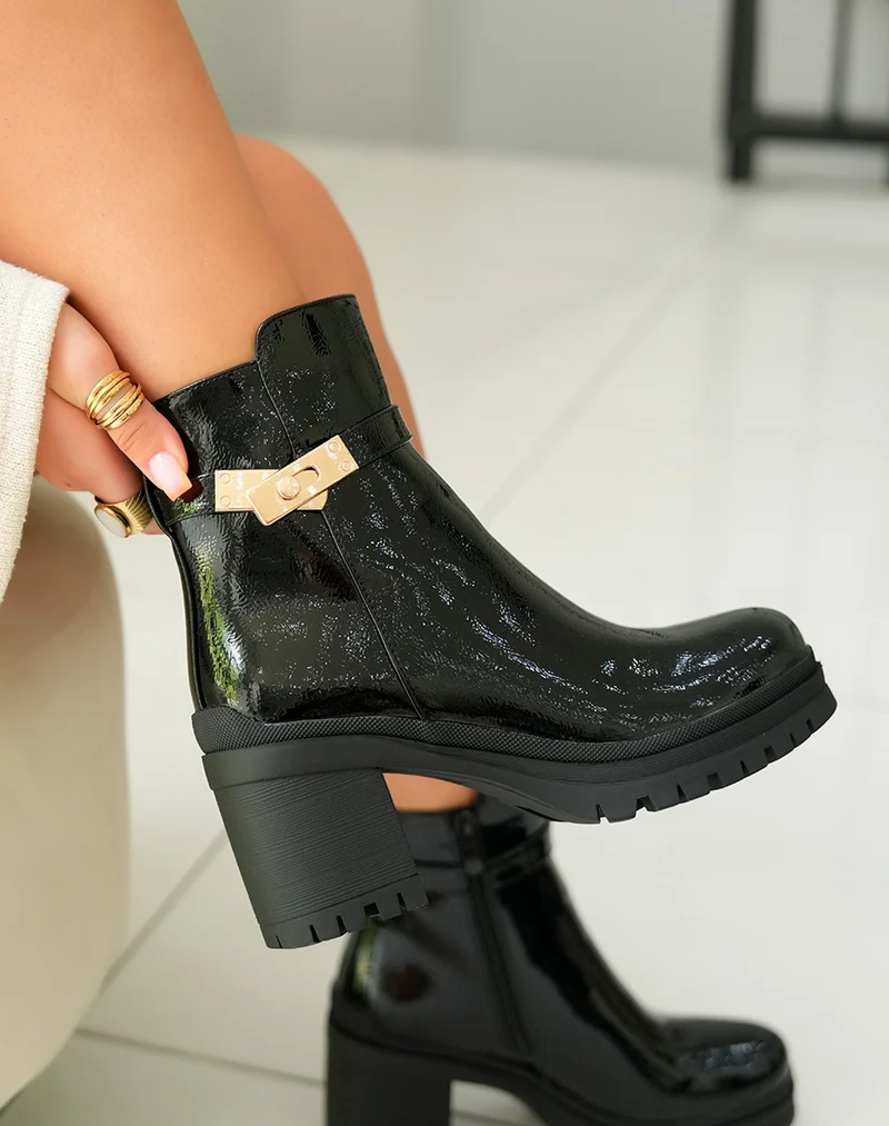 Bottines Femme Noires Vernies à Talon Cranté