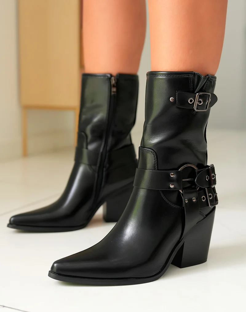 Bottines Noires à Talon Cow-Boy et Bout Pointu pour Femme