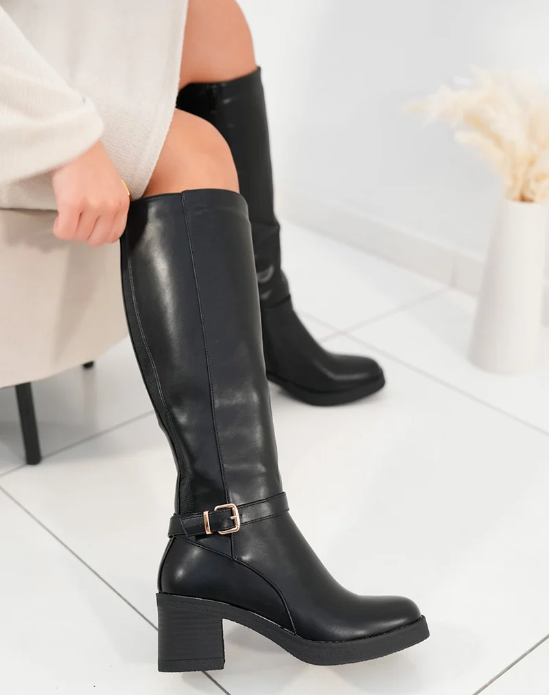 Bottes femme noires à talon épais avec élastique et boucle dorée élégance et modernité